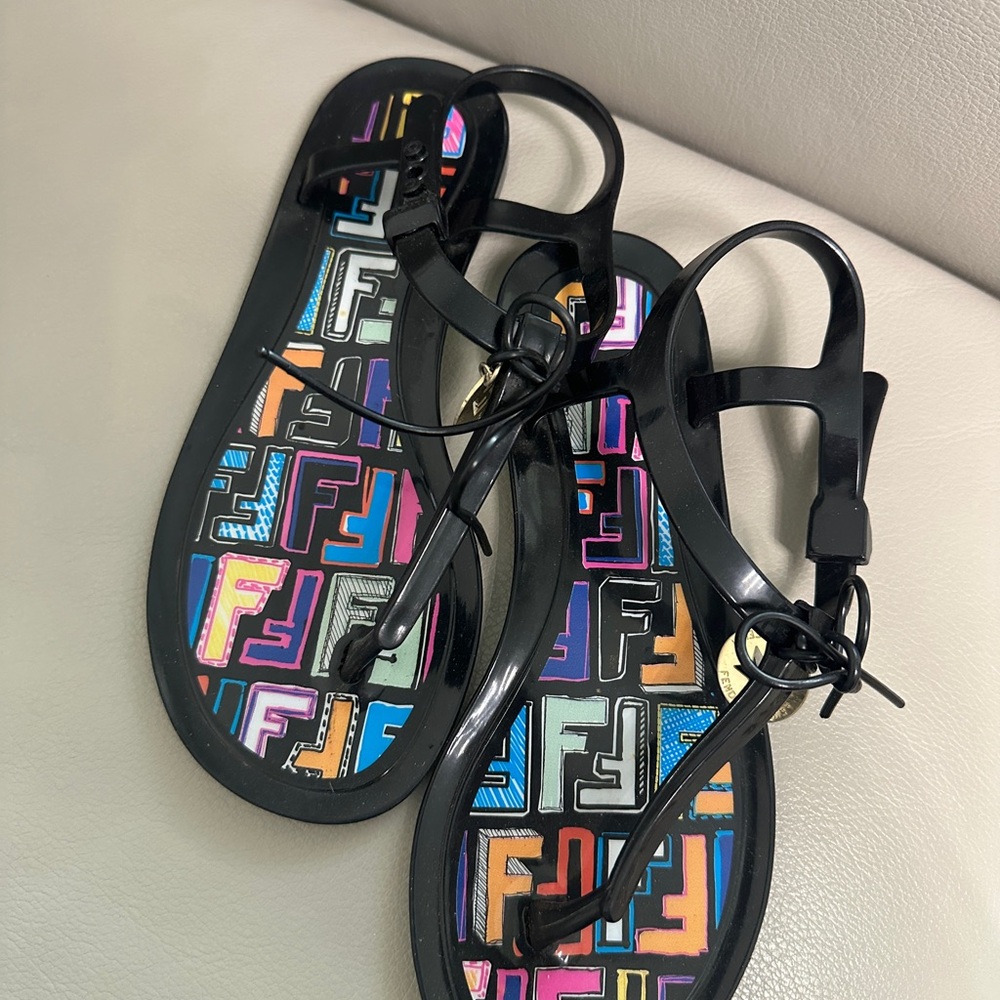 Fendi Black Sandals with Colorful Logo Pattern